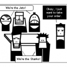 Jets and Sharks at a Restaurant