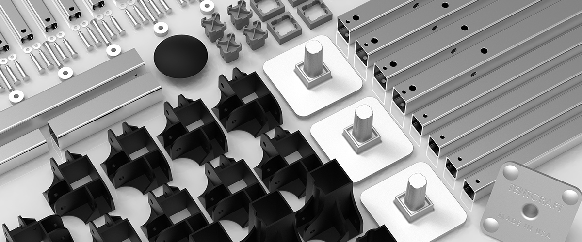 A visual rendering of every piece of the mightyTENT frame components.