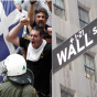 Greeks protesting austerity measures; Wall Street sign in New York City
