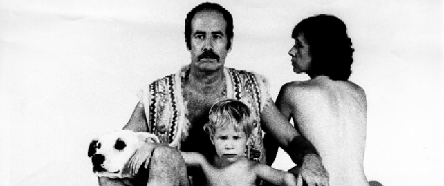Naked parents and son with dog from movie poster for A Married Couple