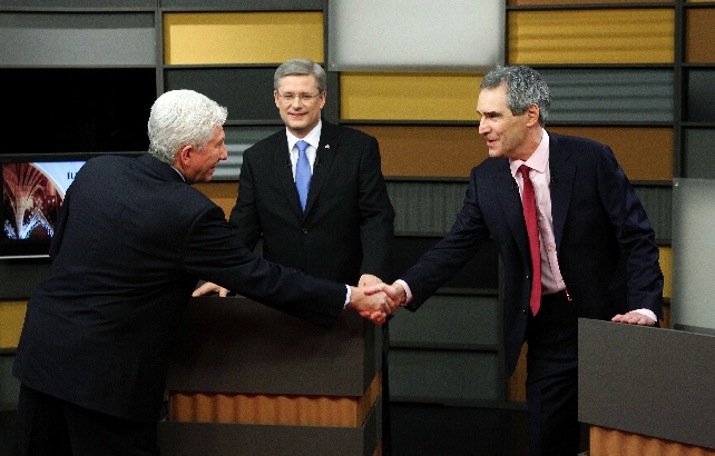Ignatieff and Duceppe shake hands in front of Harper