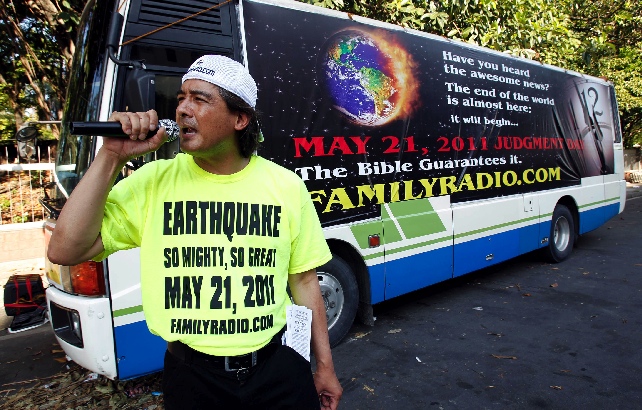 A member of Family Radio spreads the message. 
