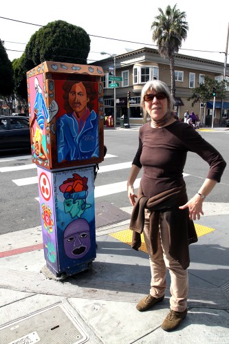 Patricia Rose, showing off electrical-box art.