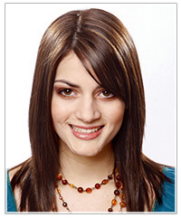 Long brown hair with side swept bangs