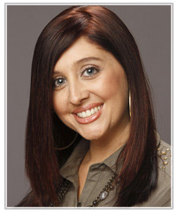 Model with thick dark straight hair