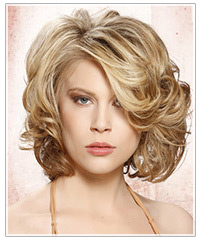 Model with mid-length curly blonde hair