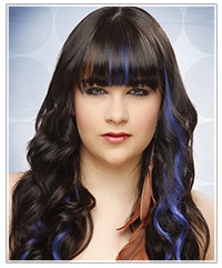 Model with long wavy black hair and blue highlights