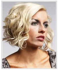 Click here to try on this hairstyle Model with platinum blonde curly hair