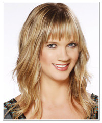 Click here to try on this hairstyle Model with blonde hair and full bangs