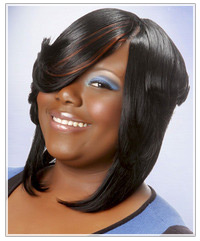 Click here to try on this hairstyle Model with blue smokey eye shadow