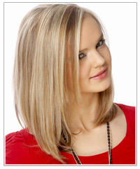 Click here to try on this hairstyle Model with sleek blonde hair