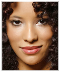 Click here to try on this hairstyle Model with dark skin and nude lips