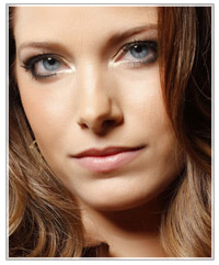 Click here to try on this hairstyle Model with nude lips and warm skin