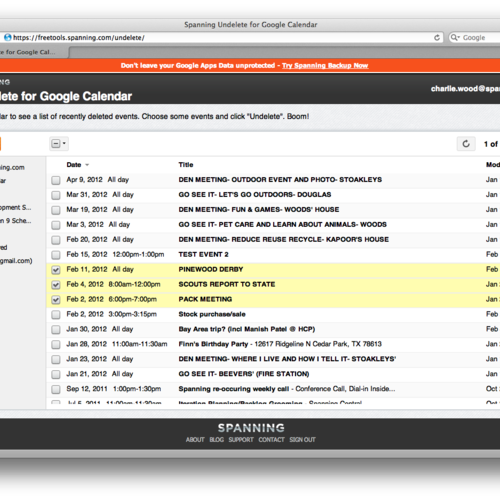 Spanning Undelete for Google Calendar_Screenshot
