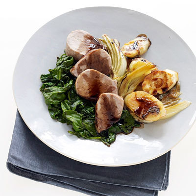 Balsamic Pork with Fennel, Arugula and Parsnips recipe