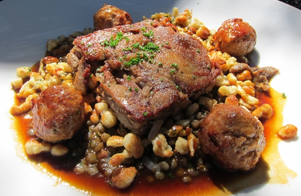 Duck confit with foie gras meatballs, Redd, Yountville Duck confit with foie gras meatballs, Redd, Yountville, Napa