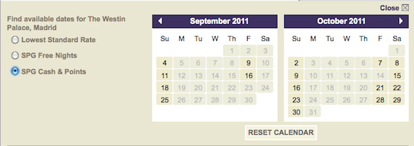 Dates with Cash & Points availability Starwood Preferred Guest Cash and Points Availability
