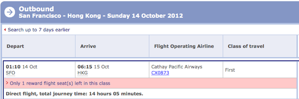 British Airways' website displaying Cathay Pacific award
