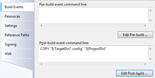 COPY $(TargetDir)*.config $(ProjectDir) COPY $(TargetDir)*.config $(ProjectDir)