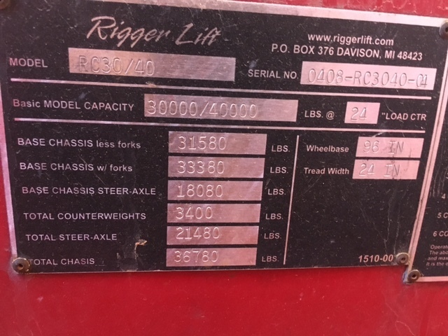 30,000lb. to 40,000lb. Capacity Rigger Lift Forklift For Sale