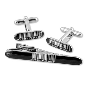 Jewelry Gothic - Barcode By WT Accessories Black Metal Clip And Cufflinks