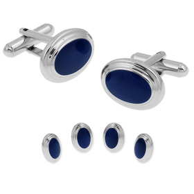 Tuxedo Cufflinks - Oval Formal By Enrico Pardini Navy Blue Rhodium Cufflinks And Studs