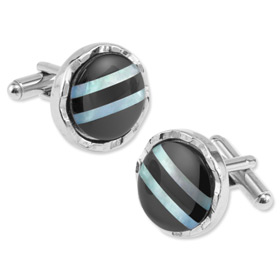 Onyx Cufflinks - Round Onyx W MOP Lines By George Machado Silver Metal Cufflinks