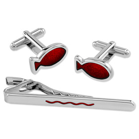 Wedding And Accessories - Red Fish And Wave In Tin Box By Necktie Accessories Silver Silver Plated Clip And Cufflinks