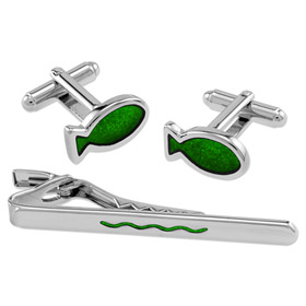 Cufflink Box - Green Fish And Wave In Tin Box By Necktie Accessories Silver Silver Plated Clip And Cufflinks