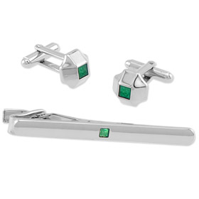 Wedding And Accessories - Green Center In Tin Box By Necktie Accessories Silver Silver Plated Clip And Cufflinks