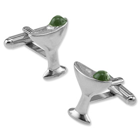 Martini Cufflinks - Martini Glass With Olives By Competition Silver Metal Cufflinks