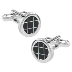 Round Onyx Grid Cufflink by Enrico Pardini -  Silver Rhodium
