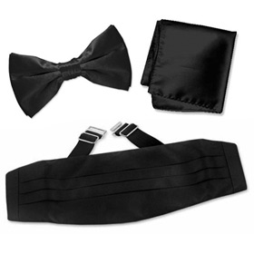Black Pretied Bow Tie Cummerbund Set by Elite Solid -  Black Silk