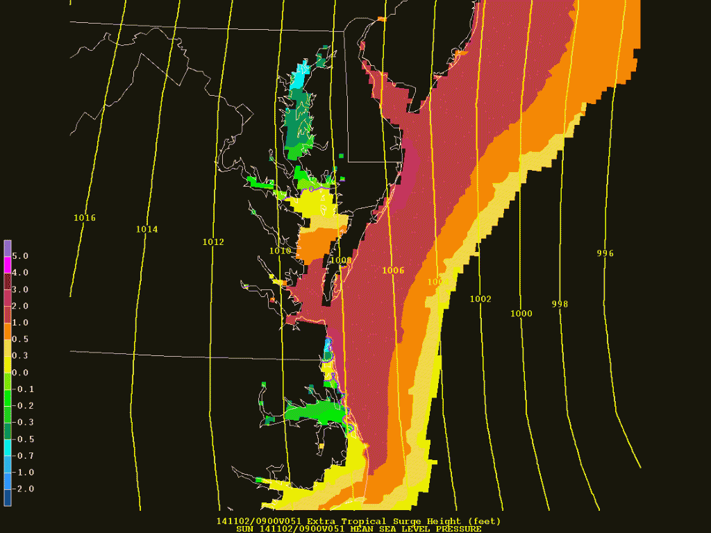 The NOAA Extra-tropical Storm Surge model indicates tides will reach about 2-2.5 feet above normal high tide Saturday evening into Sunday morning.