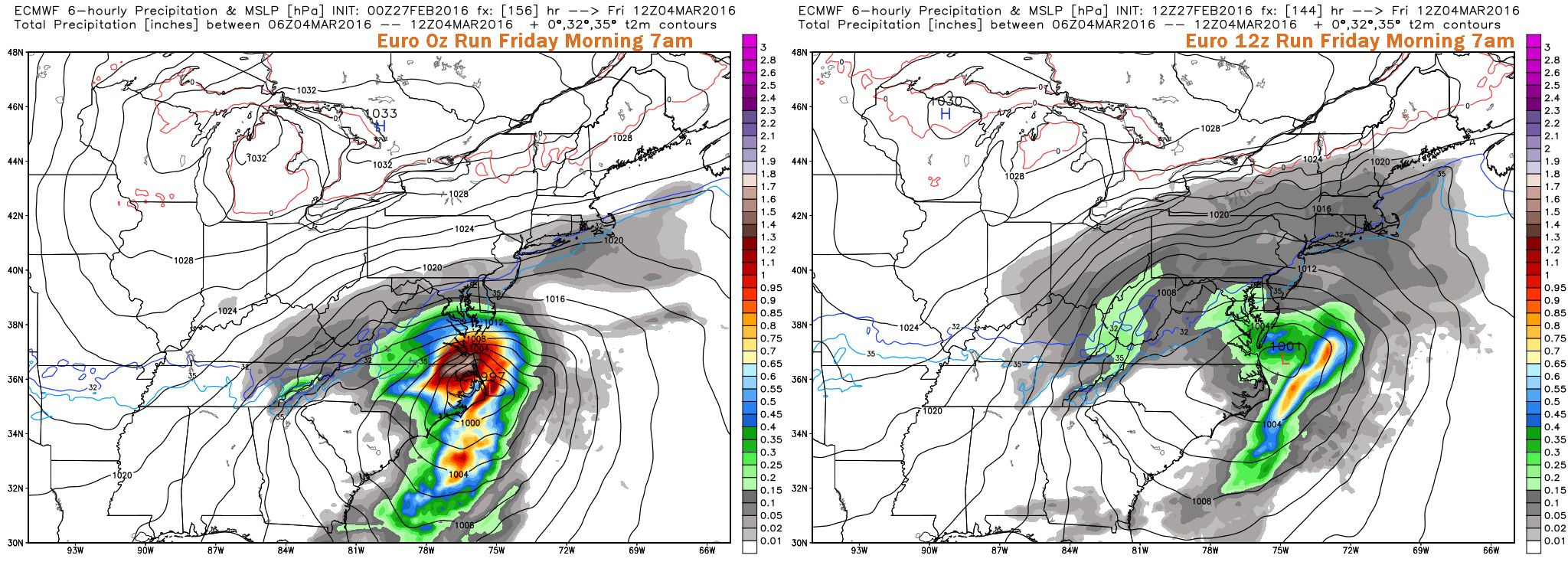 Comparison of last two ECMWF Model Runs for Friday Morning at 7am. Image Courtesy: WeatherBell LLC.
