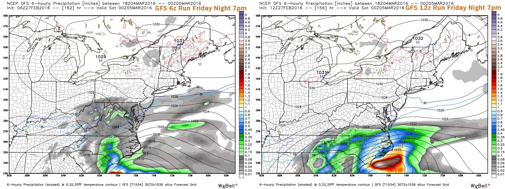 Comparison of last two GFS Model Runs for Friday Evening at 7pm. Image Courtesy: WeatherBell LLC.