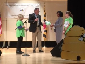 Pictured at far-left: Lochlyn Carmean, 11, a Fruitland Intermediate School fifth-grader who came in second place in Saturday morning's 2016 Maryland Eastern Shore Regional Spelling Bee. (Photo credit: Kye Parsons)