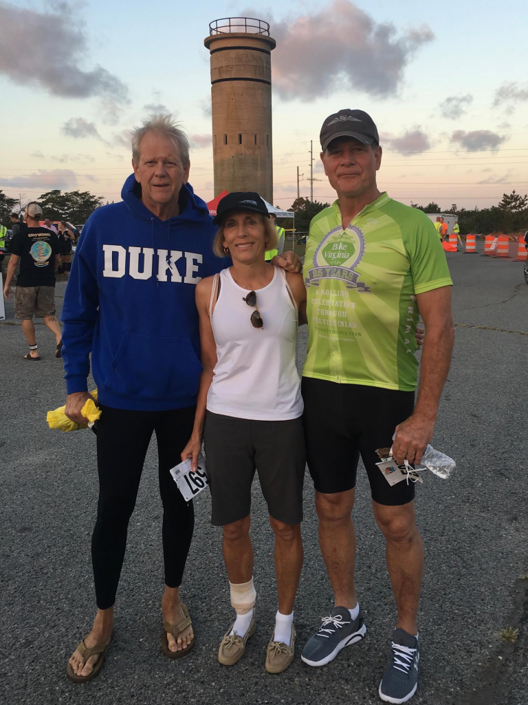 Alfred Gardiner, (66) former owner of Milford Motors 1980-1997, (SWIMMER), Mirian Gardiner Fegley (63) (RUNNER), Richard Kent, (67), (CYCLIST). We are "Old School".