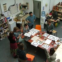 Image 2 - Calligraphy with Masashi during our open studio exhibition  for the the Artists and Makers Festival July 08