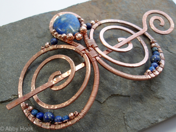Embellished Double Spiral Hair Barrette - Copper and Lapis Lazuli