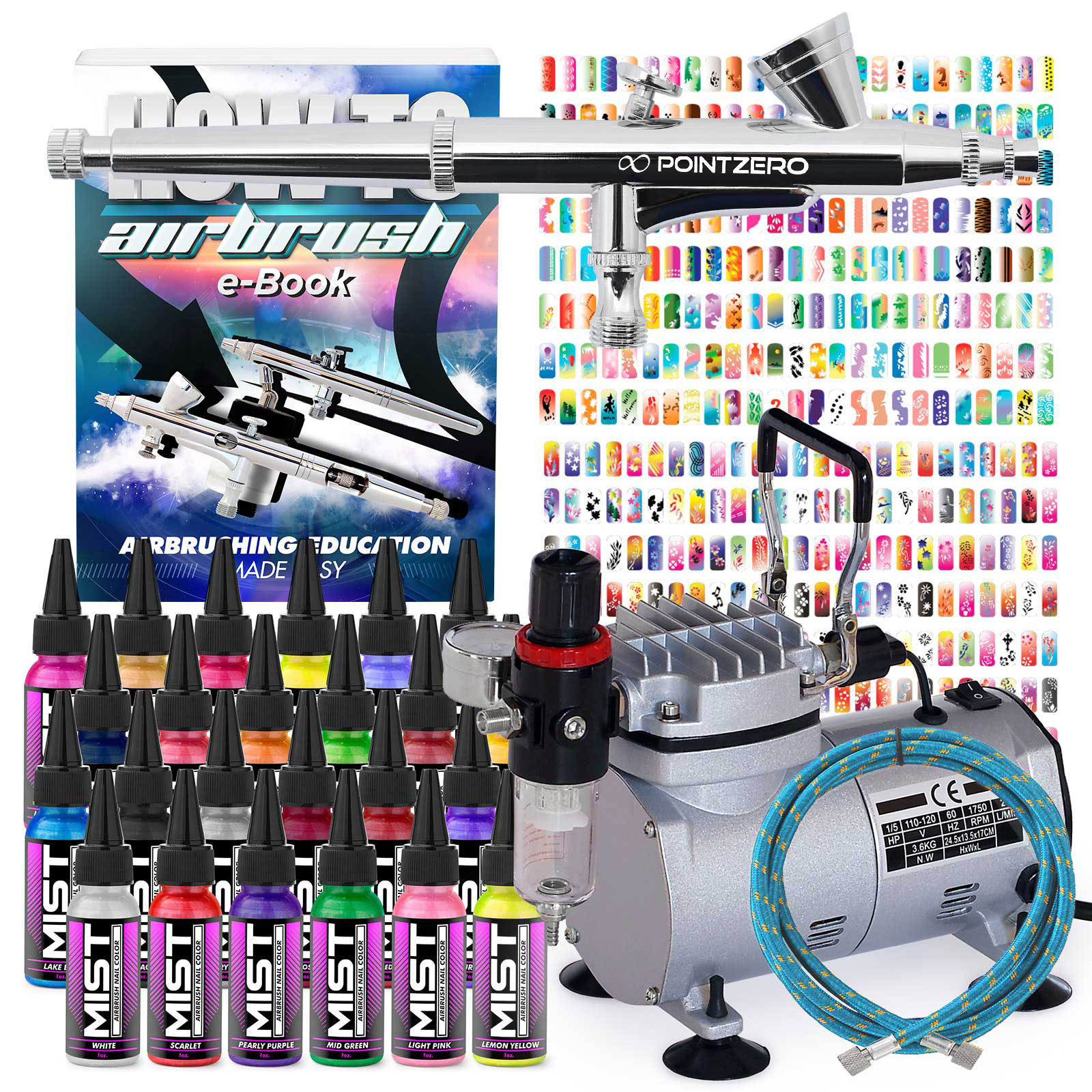 Complete Nail Art Airbrush Kit 24 Colors 480 Stencils Set with Compressor eBay