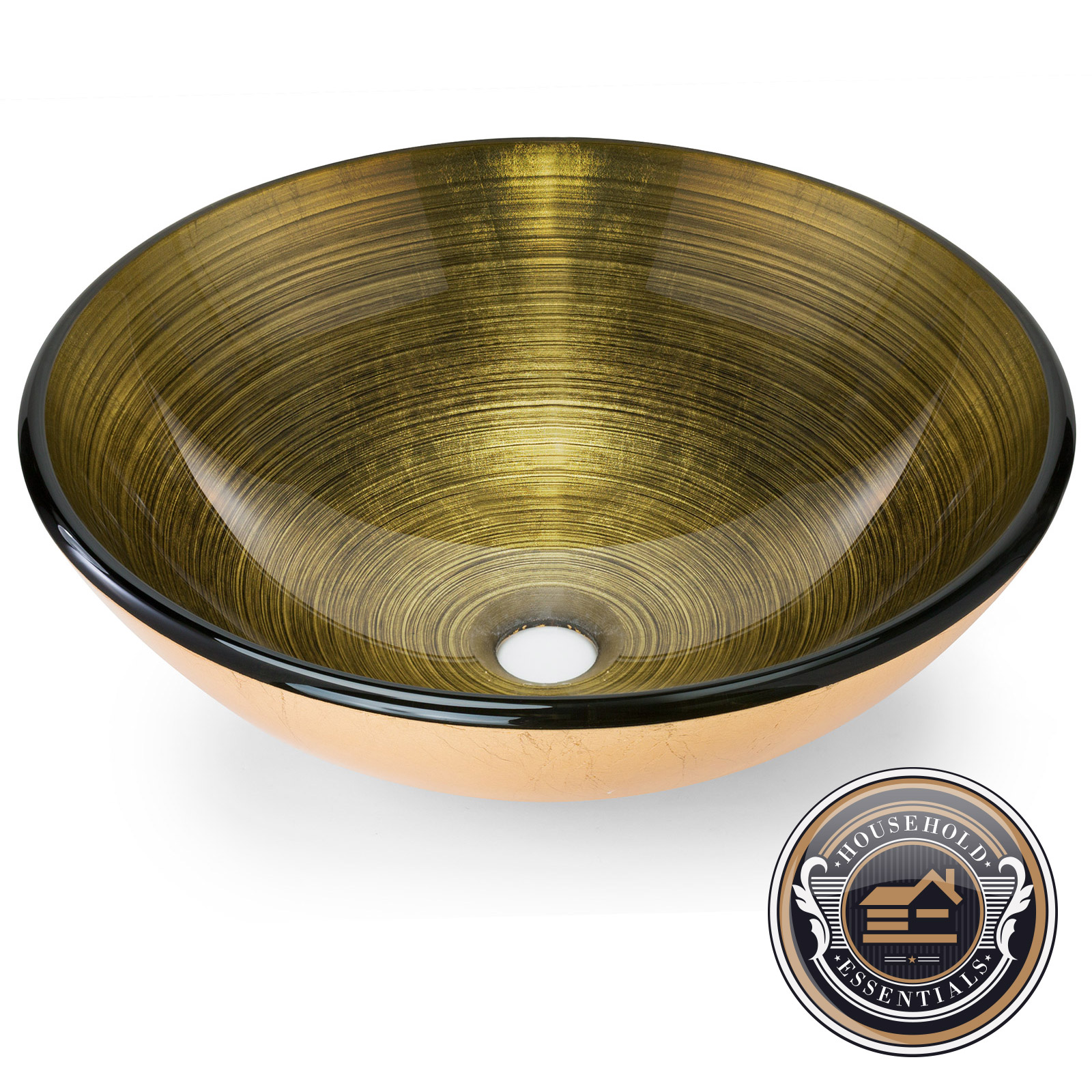 Gold Tempered Glass Vessel Sink Round Bathroom Bowl Vanity Basin