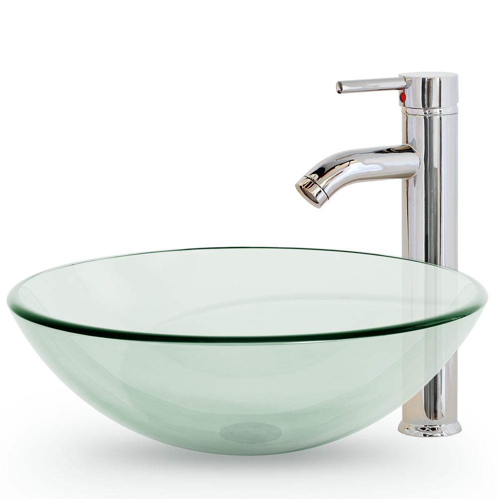 Bathroom Vessel Sink Clear Tempered Glass With Faucet and PopUp Drain