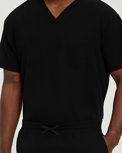 Photo of White Cross Scrubs Chest Pocket V-Neck Top Color Black Detail Vue 004