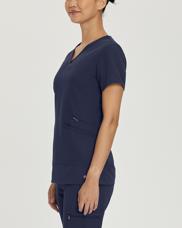 Photo of White Cross Scrubs V-Neck Top With Zip Pocket Color Navy Side Vue 007