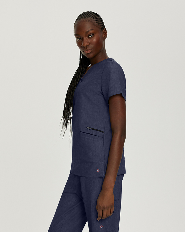 Photo of White Cross Scrubs V-Neck Top With Zip Pocket Color Navy Side Vue 013