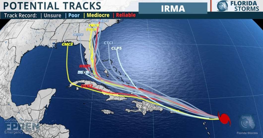 As of early Tuesday afternoon, the latest five-day "spaghetti model" forecast of potential tracks for Hurricane Irma, courtesy of Florida Public Radio Emergency Network