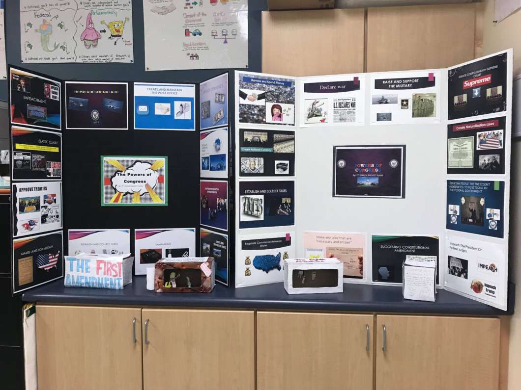 Civics projects from Matt Kiernan’s 7th grade civics class at Renaissance Charter School at Summit. Photo courtesy of Matt Kiernan
