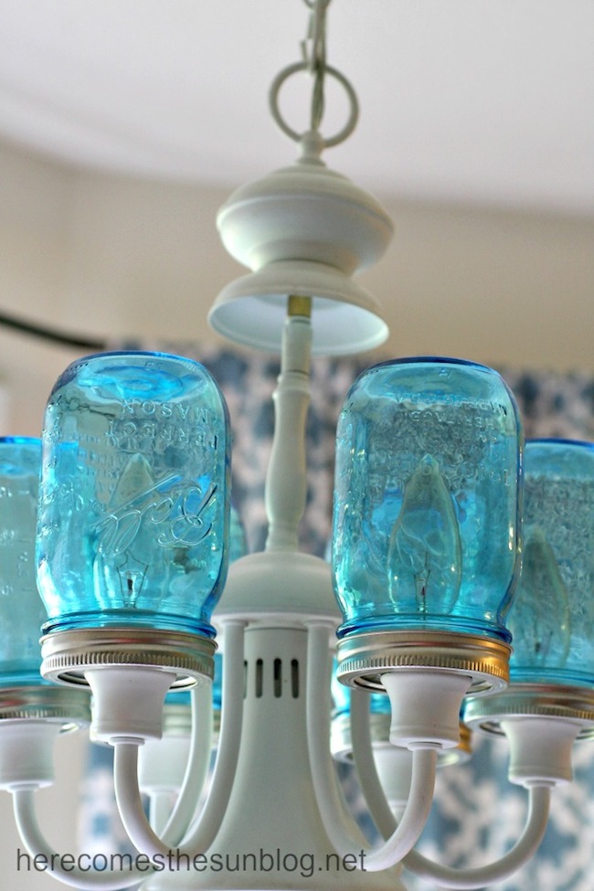 detail-installed Blue Mason Jar Chandelier - Detail Installed