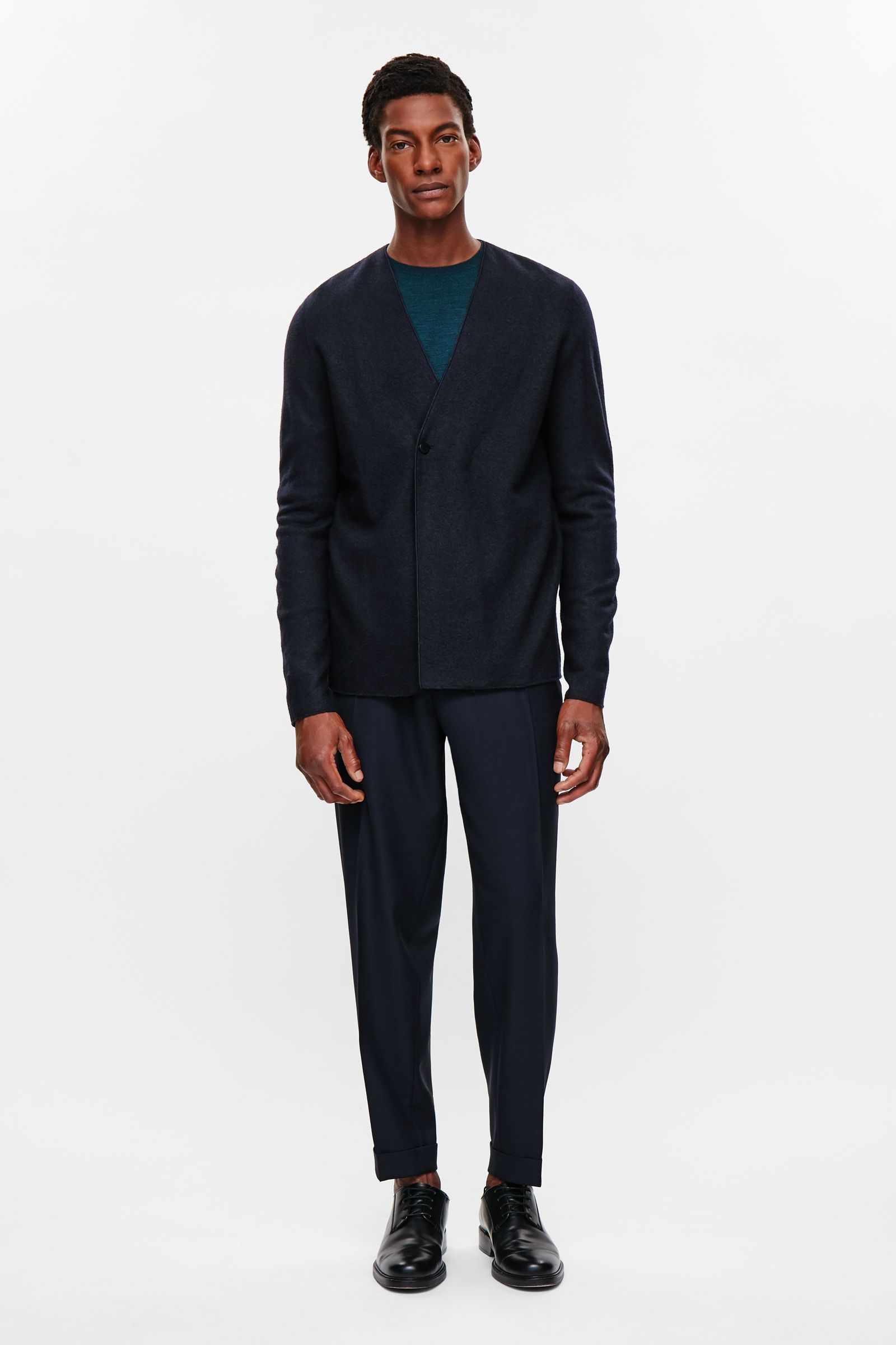 man wearing double breasted wool cardigan